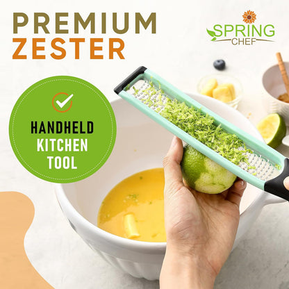 Spring Chef Premium Lemon Zester Grater with Handle - Fruits, Garlic, Chocolate, Nutmeg, Ginger Grater - Heavy Duty Kitchen Tool - Stainless Steel Citrus Zester with Blade Cover - Fine Shred, Black