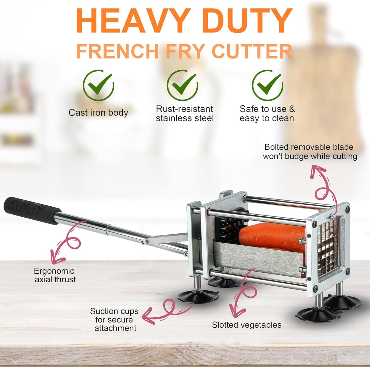 French Fry Cutter, Professional Potato Cutter Slicer, Stainless Steel Blades with 1/2 Inch & 3/8 Inch Blade, Great for Potatoes Carrots Cucumbers