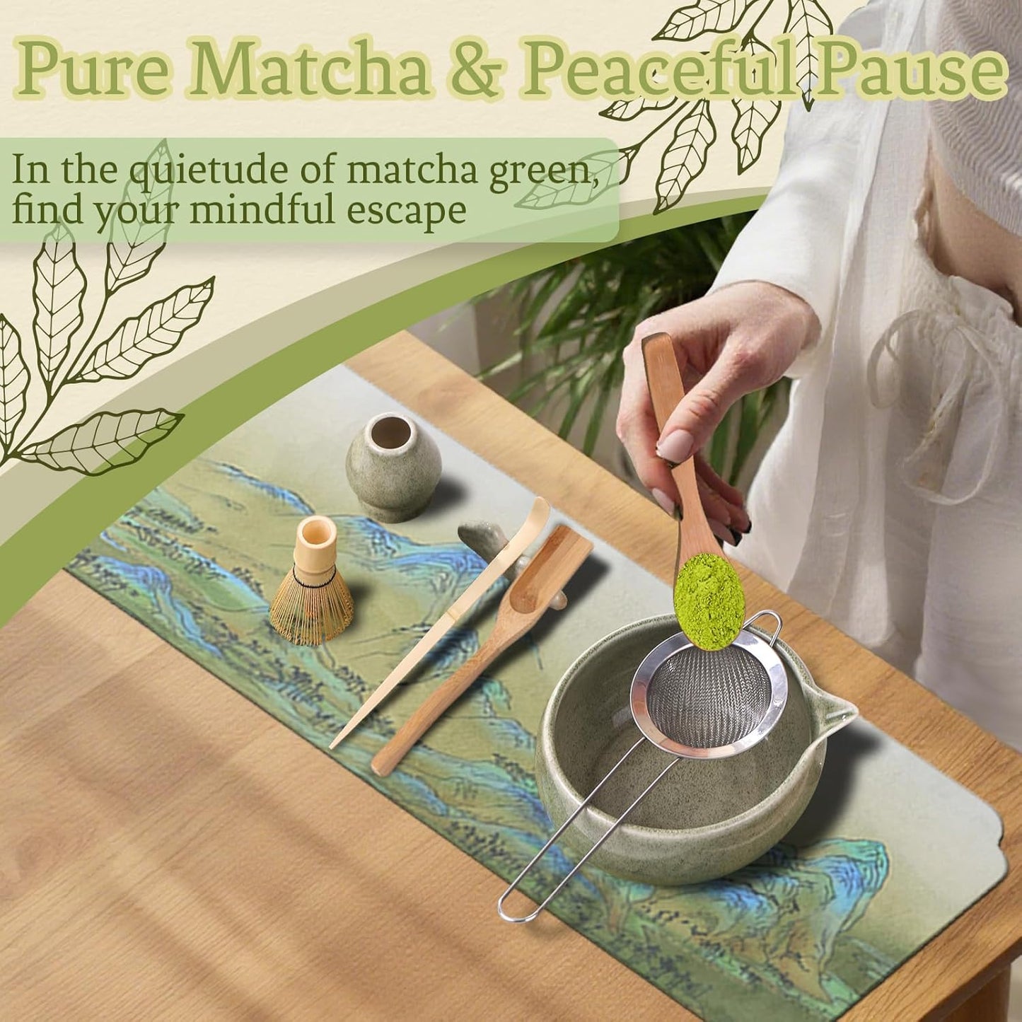 8 Pcs Matcha Whisk Set Chasen Matcha Whisk Bamboo Bowl with Spout Sifter Spoon Scoop Whisk Holder Bamboo Mat Complete Matcha Making Kit (Red Petal)