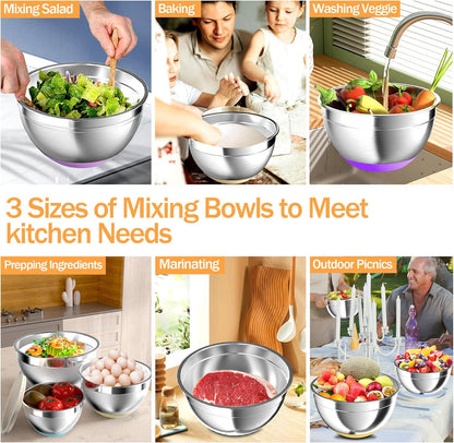 Nicdiet Mixing Bowls with Airtight Lids, Stainless Steel Mixing Bowl Set with 3 Metal Nesting Bowls, Colander & Grater, Non-Slip Bottoms, Size 1.5, 2.5, 5 QT, Great for Mixing & Serving, Khaki