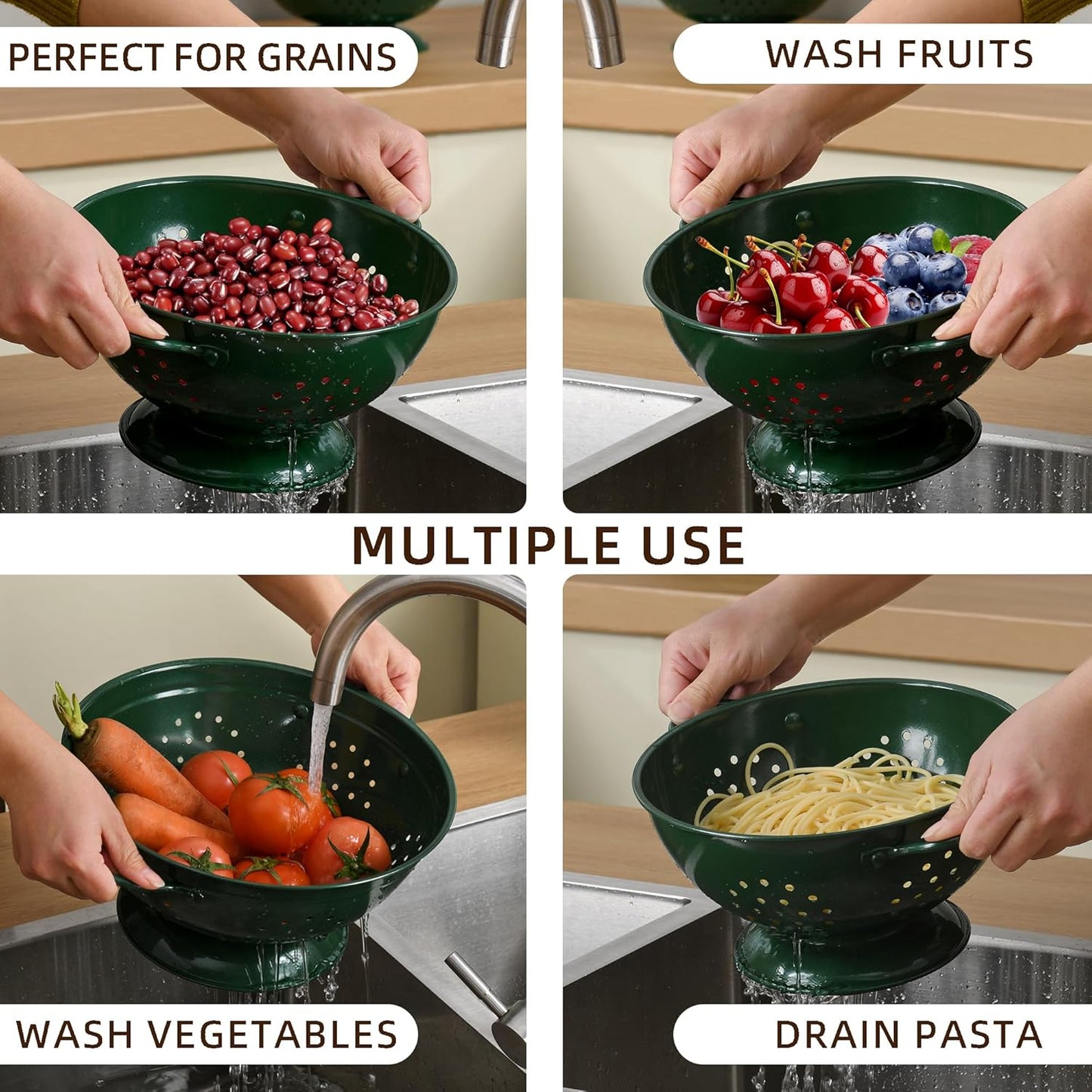 Metal Colander Set of 3, Strainer Basket with Handles perfect for Spaghetti, Pasta, Berry, Vegetable, Fruit, Solid Base Powder Coated Kitchen Essential Strainer Set, 1 & 3.5 & 5 Qt (Cream)