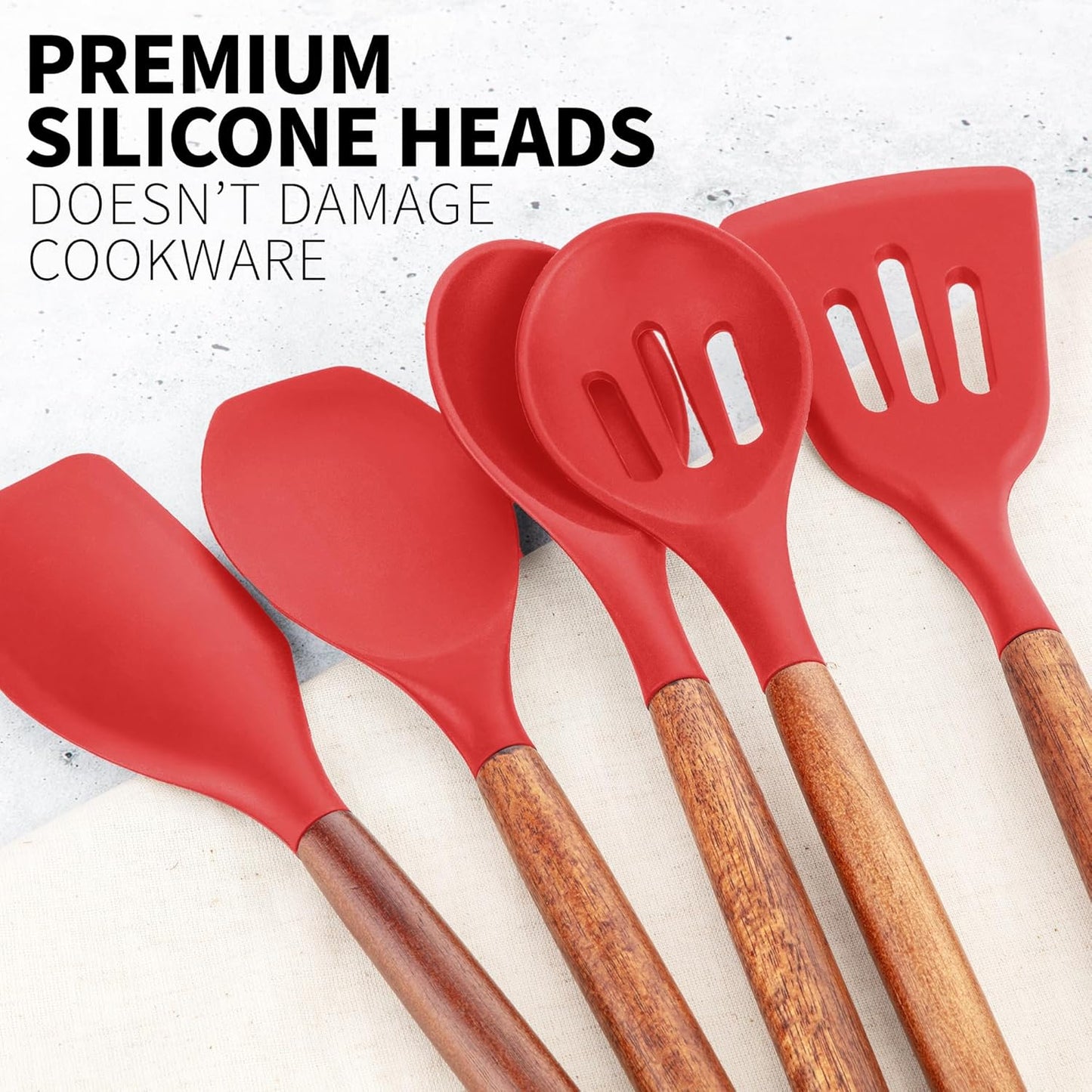 Zulay Kitchen Utensils Set Non-Stick Silicone Cooking Utensils Set with Authentic Acacia Wood Handles - 5 Piece Silicone Utensil Set - Kitchen Utensils Set with 464°F Heat Resistance - Gray