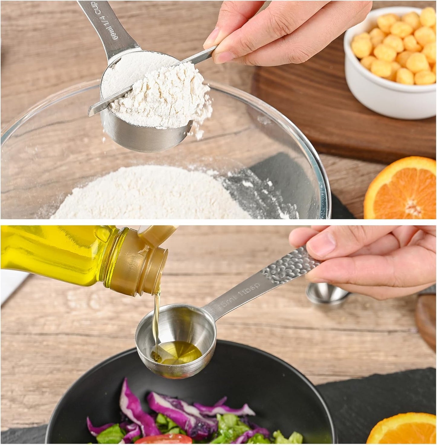 Measuring Spoons Set, 18/8 Stainless Steel Measuring Spoons Set for Dry&Liquid, Metal Metric & US Measuring Spoon with 1 Leveler and Locking Ring for Kitchen & Baking