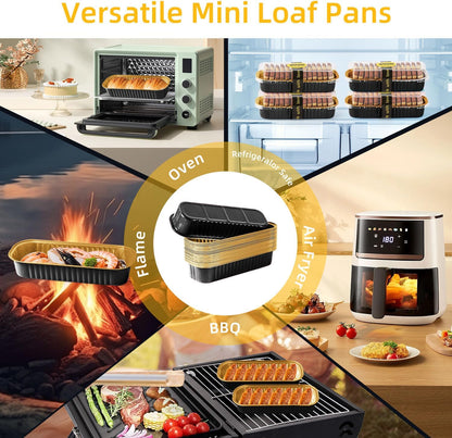 Mini Loaf Pans with Lids and Spoons Sealing Sticker,30 Pcs 6.8oz Cake Pans for Baking Disposable Aluminum Foil Christmas Cake Pan (30 PCS GOLD)