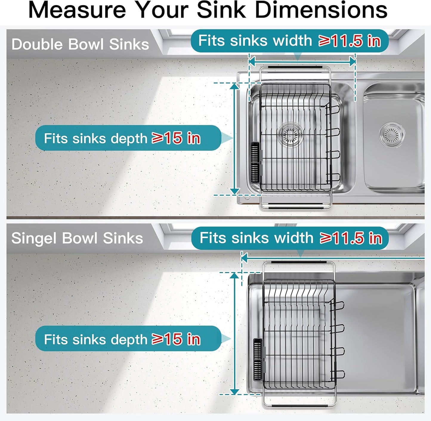 JASIWAY Roll Up Dish Drying Rack, Expandable (12.8"-23.8" D x 12.8" W) Stainless Steel Portable Drainer for Kitchen Sink Counter, Foldable Over The Sink Cover with Removable Utensil Holder