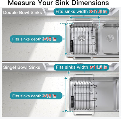 JASIWAY Roll Up Dish Drying Rack, Expandable (12.8"-23.8" D x 12.8" W) Stainless Steel Portable Drainer for Kitchen Sink Counter, Foldable Over The Sink Cover with Removable Utensil Holder