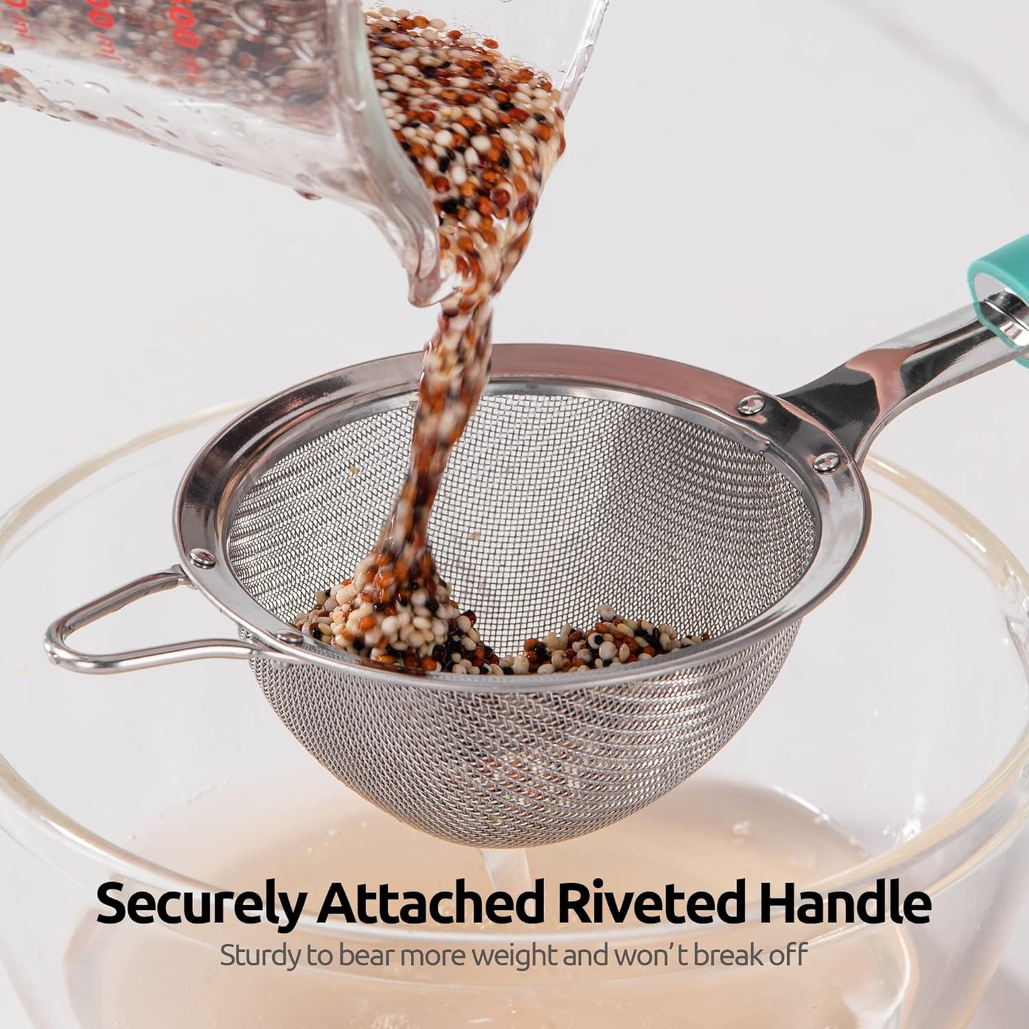 18/8 Stainless Steel Mesh Strainer: U-Taste 5.5 Inch Kitchen Fine Mesh Sieve Food Colander with Riveted Sturdy Silicone Handle and 30 Mesh Hole for Straining Flour, Pasta, Fruit, Quinoa(Aqua Sky)