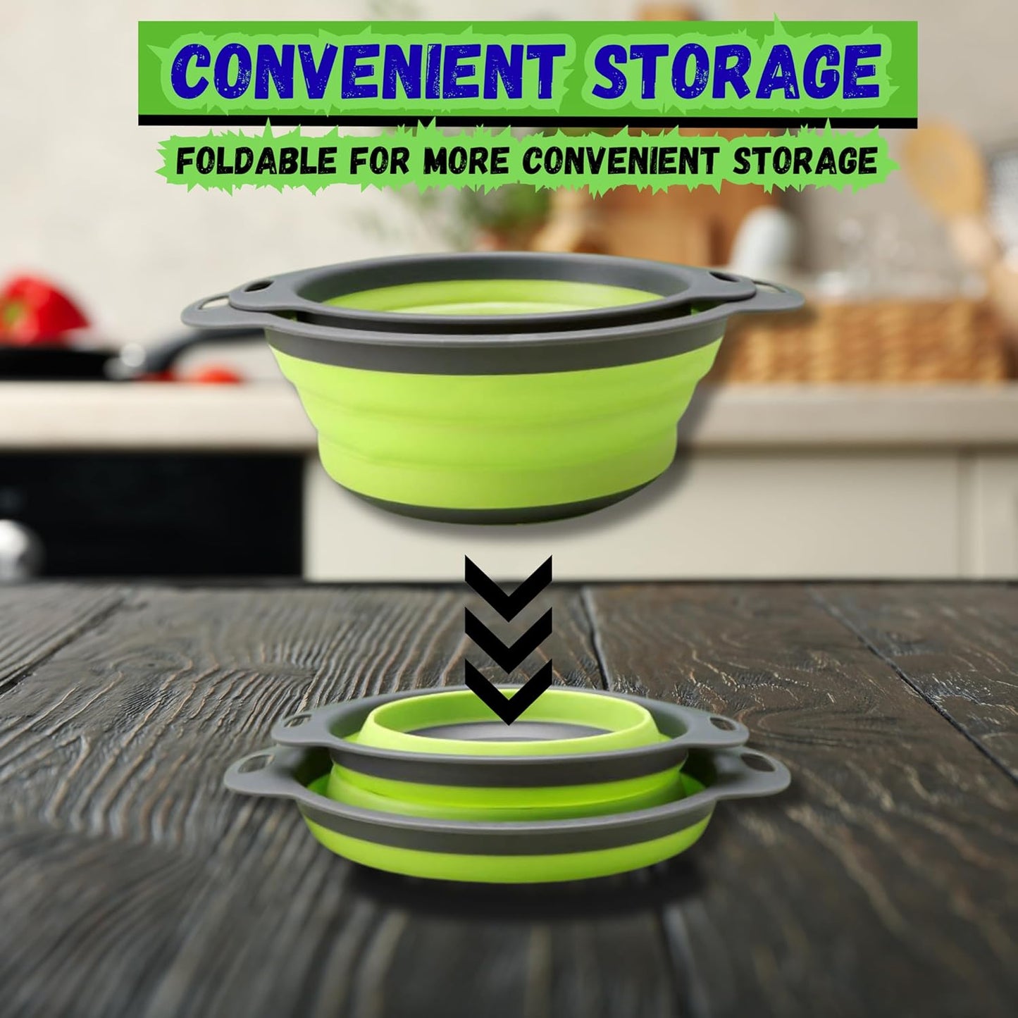 Collapsible Colander Set of 2, Foldable Silicone Pasta Strainer with Handles, 2 Pack Space Saving Kitchen Colander for Fruits,Space Saving Pasta Strainer Basket for Fruits & Vegetables