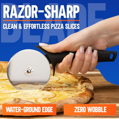 KitchenStar 14-Inch Pizza Cutter Rocker Blade - Sharp Stainless Steel Slicer Knife, Protective Cover, Dishwasher Safe, Large - Professional Pizza Oven Accessories
