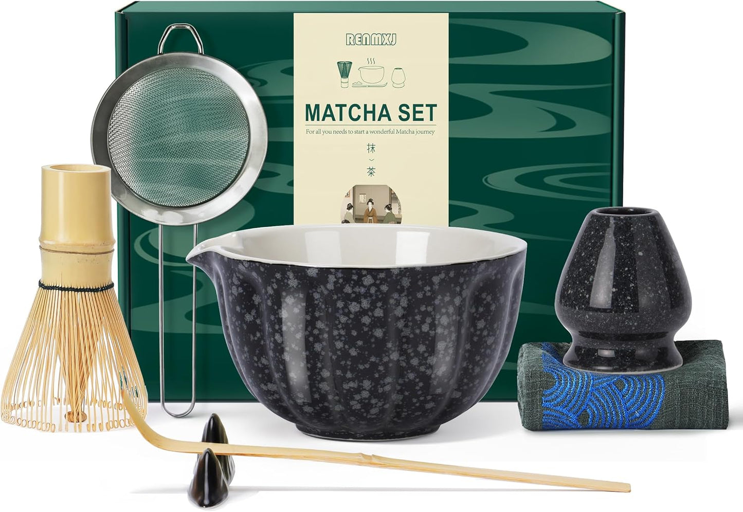 Renmxj Matcha Whisk Set,7 PCS Ceramic Matcha Kit Includes Matcha Bowl with Spout, Matcha Whisk and Holder, Bamboo Scoop, Stainless Sifter, Tea Towel, Unique Gift for Matcha Lovers (Pink)