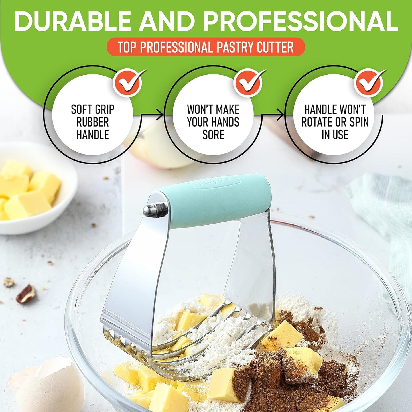 Spring Chef Dough Blender, Top Professional Pastry Cutter with Heavy Duty Stainless Steel Blades, Medium Size, Black
