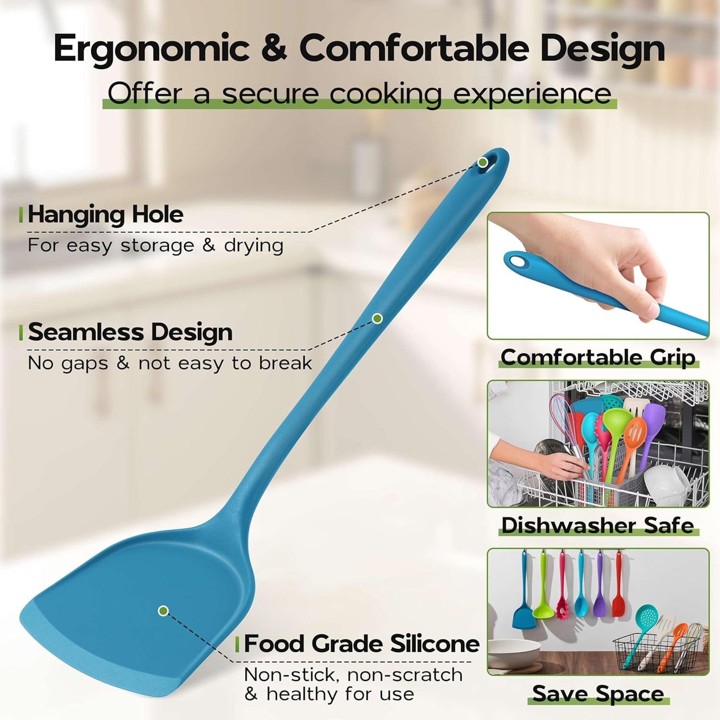 Onader Silicone Cooking Utensils Set of 10, Kitchen Utensils for Nonstick Cookware, Heat Resistant & Nontoxic Spatula Set- Khaki