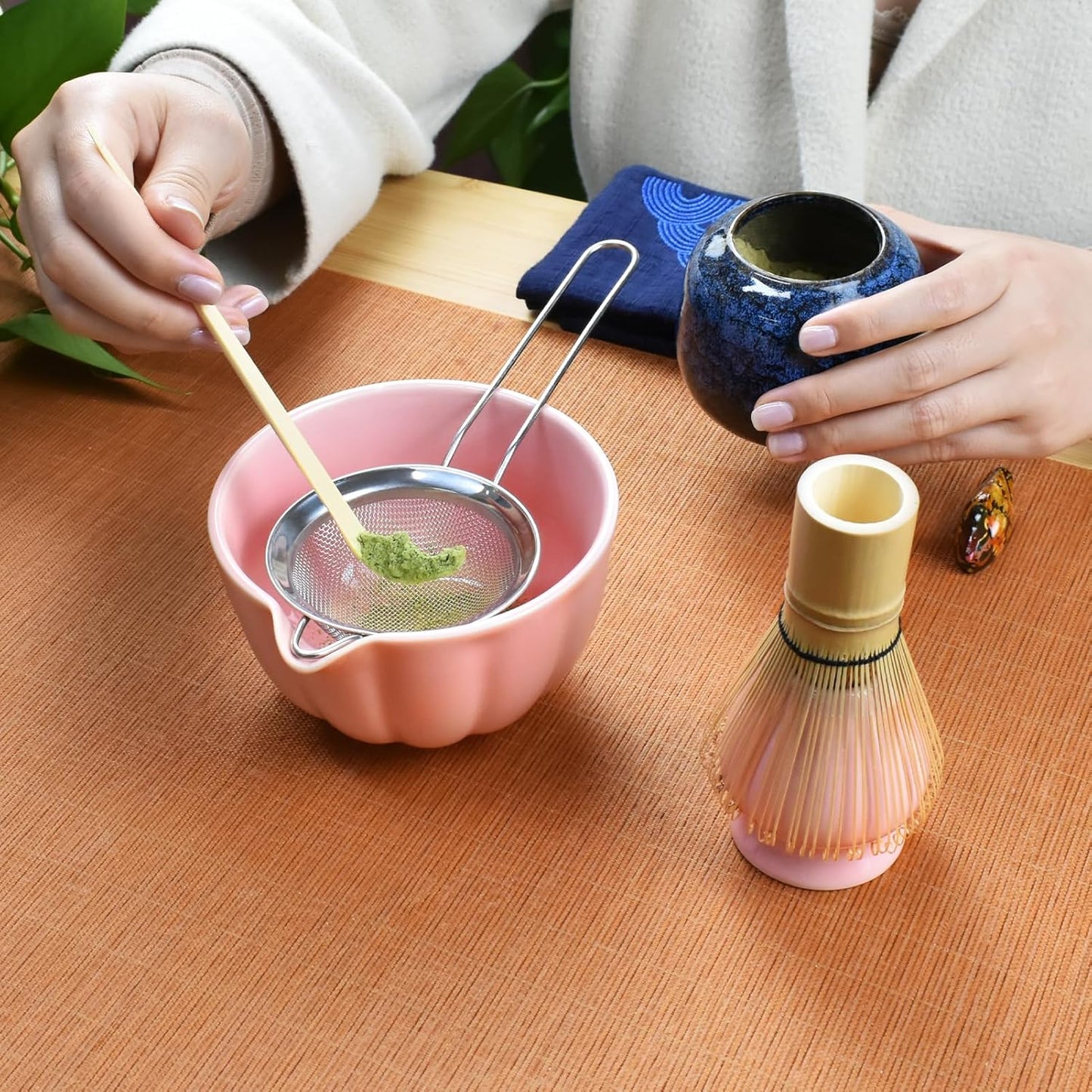 Artcome 4 Pcs Japanese Matcha Tea Set - Matcha Bowl with Pouring Spout, Matcha Whisk, Tea Scoop, Whisk Holder, Handmade Matcha Ceremony Kit For Japanese Tea Ceremony, Rose