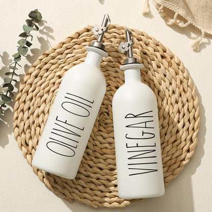 HOMCDALY Premium Olive Oil Dispenser for Kitchen, 11.8oz Glass Oil Bottles with Bamboo Tray, White and Gold Oil&Vinegar Cruet Set, Kitchen Dispenser Bottles with Pourer| Set of 2 (11.8oz –P–Gold)