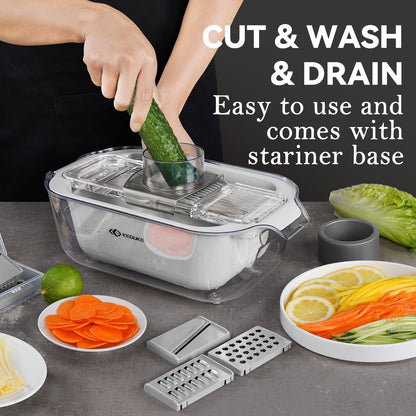 KEOUKE Transparent Multifunctional Mandoline Slicer - 6 Blades Interchangeable, Handheld Vegetable Cutter with Hand Guard for Kitchen, Onion, Garlic, Safe Food Slicer