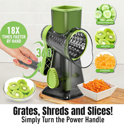 Cheese Grater Hand Crank Rotary Vegetables Shredder with Handle, 3-in-1 Graters with Interchangeable Blades and Non-slip Base Multifunctional Slicer for Kitchen