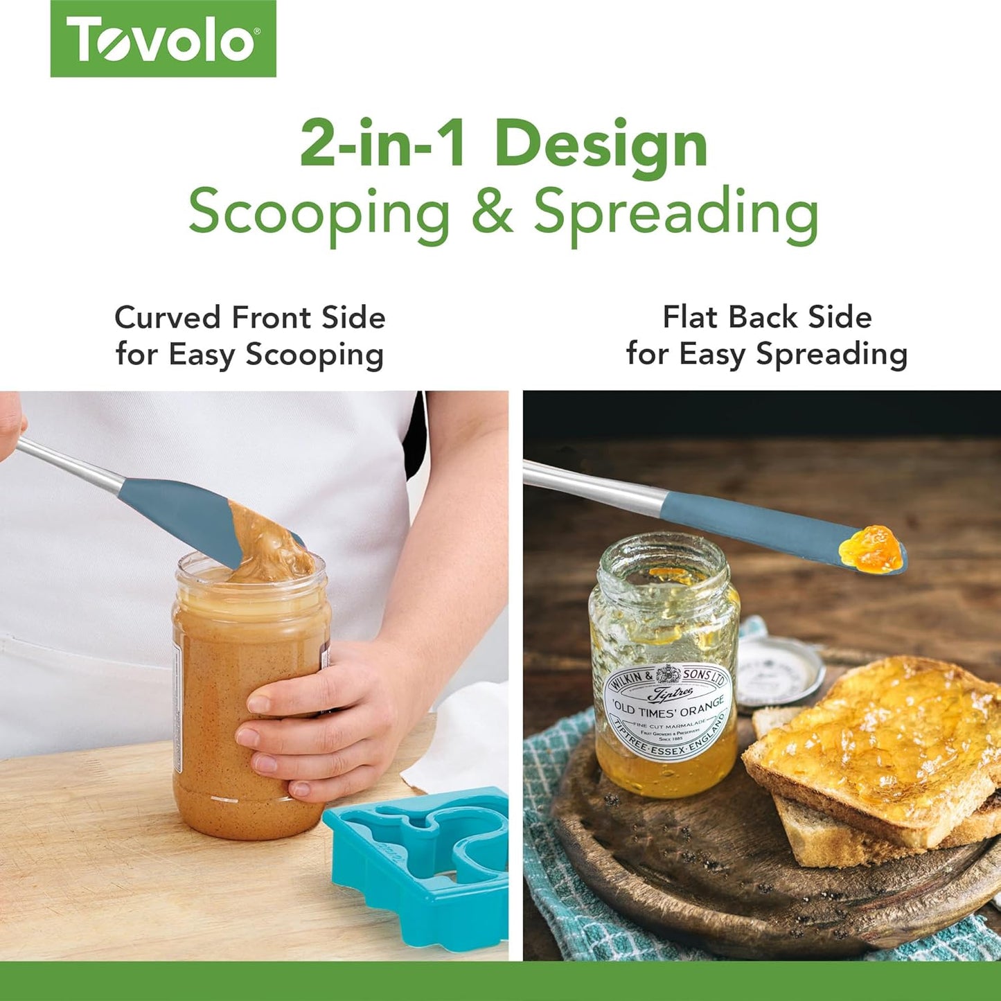 Tovolo Flex Core Silicone Spatula Spoonula Set of 2 for Non Stick Cast Iron Cooking & Baking, Dishwasher Safe Heat Resistant BPA Free Long Stainless Steel Handle Kitchen Utensil, Charcoal Gray