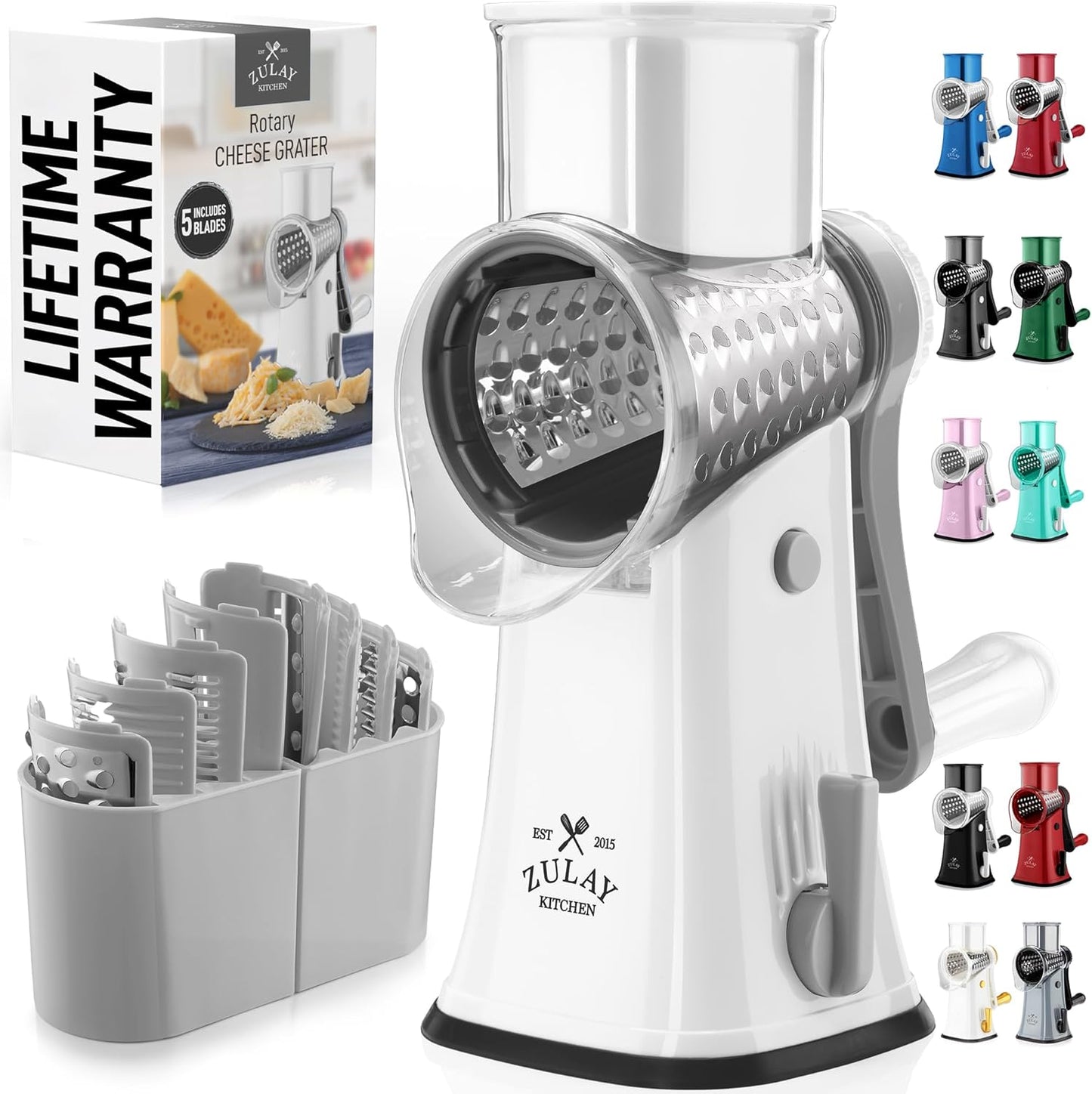 Zulay Kitchen Rotary Cheese Grater 5 Blade Cheese Shredder - Manual Hand Crank Cheese Grater With Reinforced Suction & 5 Interchangeable Drums - Easy to Use, Vegetable Chopper Round Mandoline Slicer - Colors A