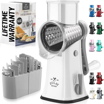 Zulay Kitchen Rotary Cheese Grater 5 Blade Cheese Shredder - Manual Hand Crank Cheese Grater With Reinforced Suction & 5 Interchangeable Drums - Easy to Use, Vegetable Chopper Round Mandoline Slicer - Colors A