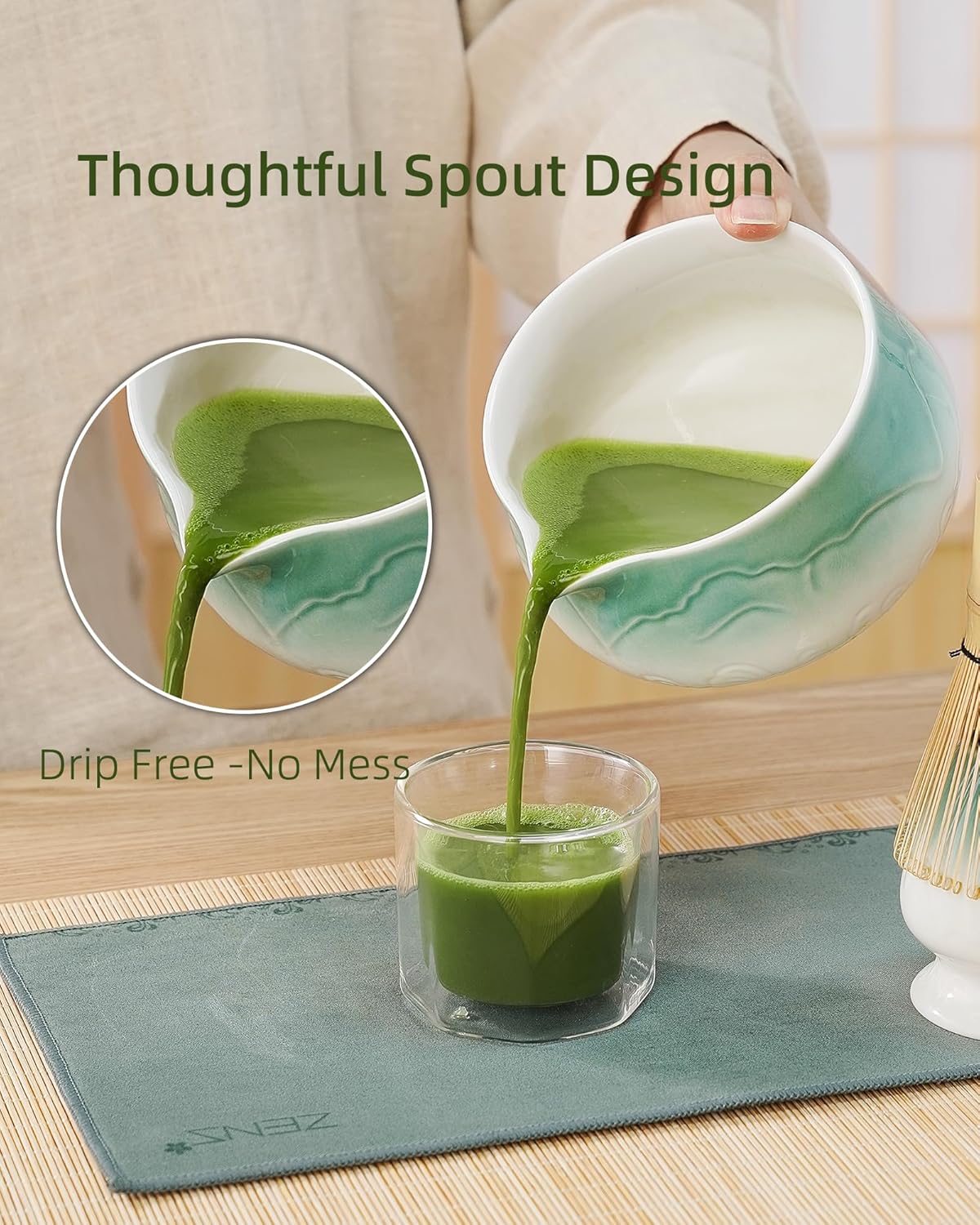 ZENS Pink Matcha Set, Matcha Whisk Set Includes 15oz Ceramic Bowl & (Chasen Holder), Bamboo Whisk & Scoop, Sifter and Pink Tea Towel, 6pcs Matcha Kit for Matcha Lovers