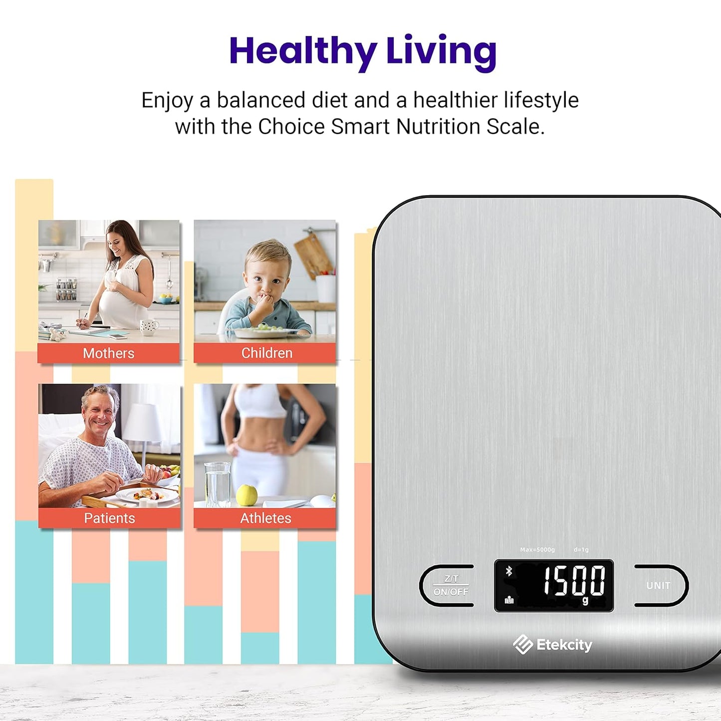 Etekcity Smart Food Kitchen Scale with Nutritional Calculator, Free App with 19 Nutrients Tracking, Calorie, Marco, Digital grams and ounces for weight loss, Premium Stainless Steel, 11lb