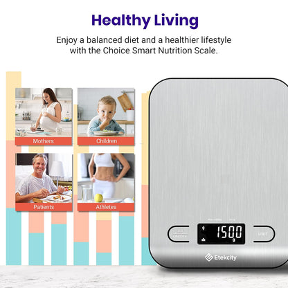 Etekcity Smart Food Kitchen Scale with Nutritional Calculator, Free App with 19 Nutrients Tracking, Calorie, Marco, Digital grams and ounces for weight loss, Premium Stainless Steel, 11lb