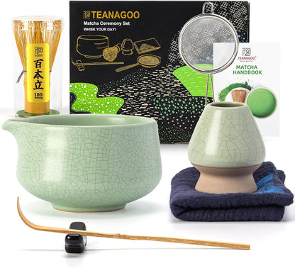 TEANAGOO Matcha Whisk Set, 7 Pcs Matcha Set Blue, Matcha Kit for Ceremony, Matcha Tea Set for Making Breakfast/Latte, Ceramic Matcha Bowl(chawan) whith Spout and Whisk, Gift for Friend/Family