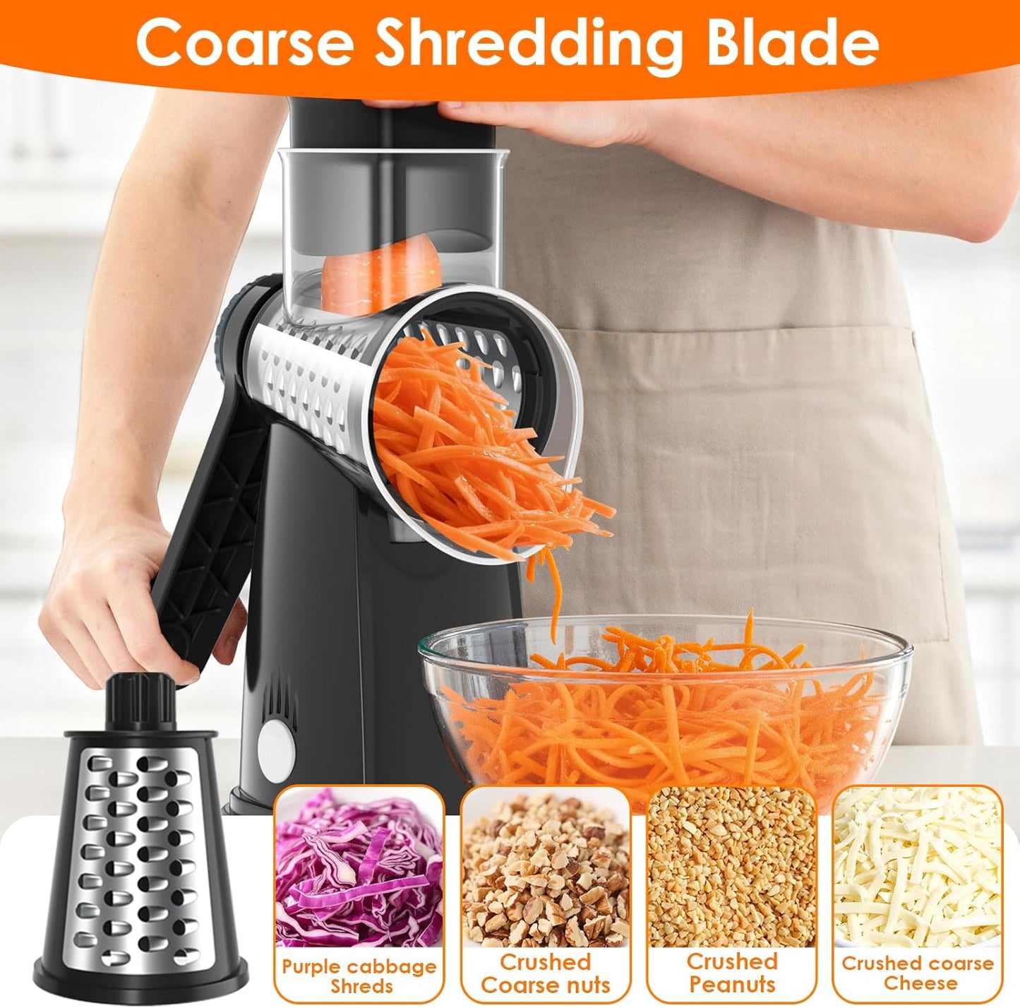 MealHelper 5 Blade Rotary Cheese Grater and Vegetable Chopper with Storage Box and Hand Crank, Compact Shredder for Cheeses, Veggies, Nuts - Easy to Use, Non-slip Suction Base,White