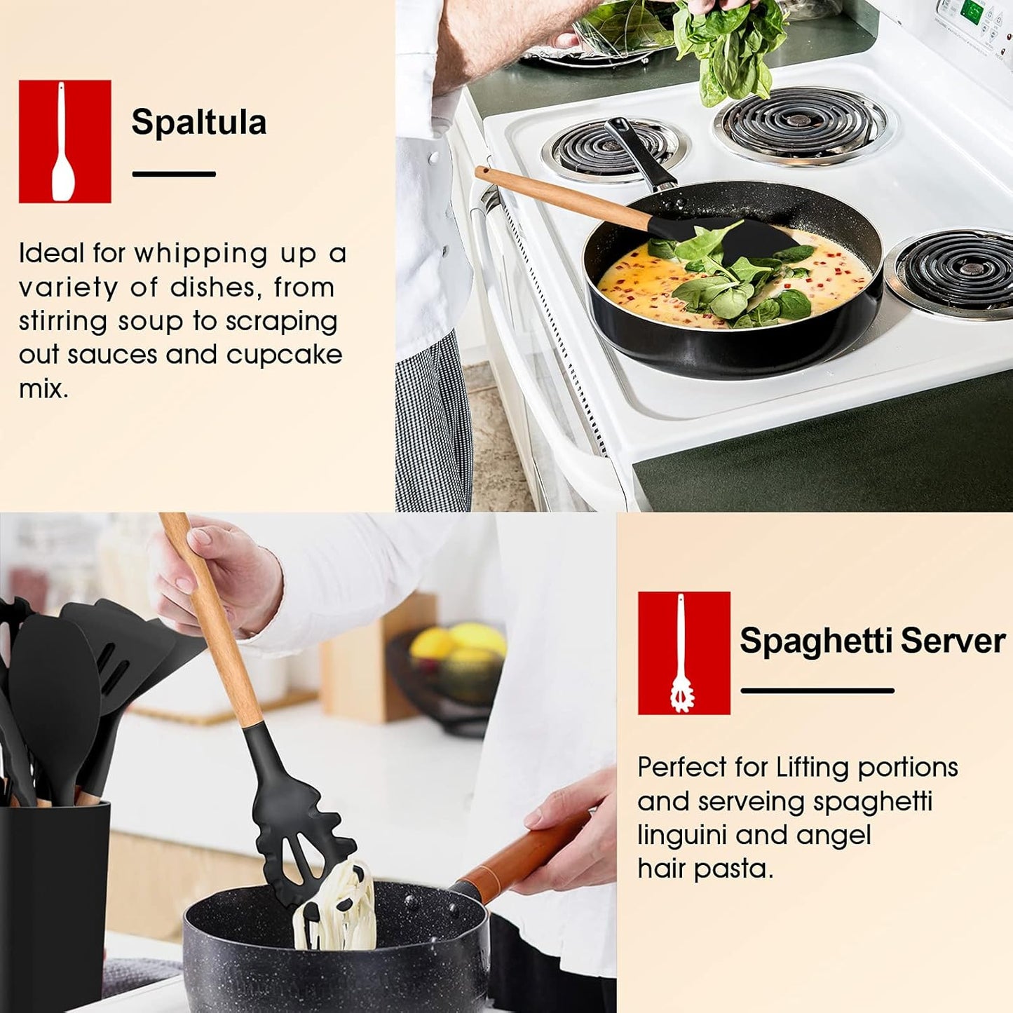 E-far Cooking Utensils Set of 6, Silicone Kitchen Utensils with Wooden Handle, Non-stick Cookware Friendly & Heat Resistant, Includes Spatula/Ladle/Slotted Turner/Serving Spoon/Spaghetti Server(Khaki)