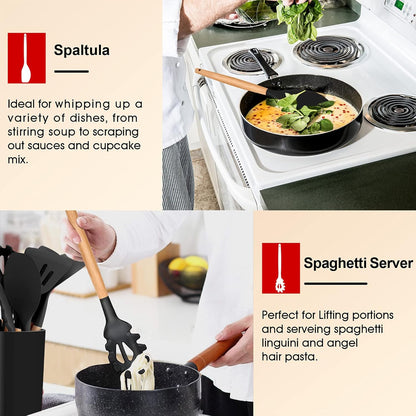 E-far Cooking Utensils Set of 6, Silicone Kitchen Utensils with Wooden Handle, Non-stick Cookware Friendly & Heat Resistant, Includes Spatula/Ladle/Slotted Turner/Serving Spoon/Spaghetti Server(Khaki)
