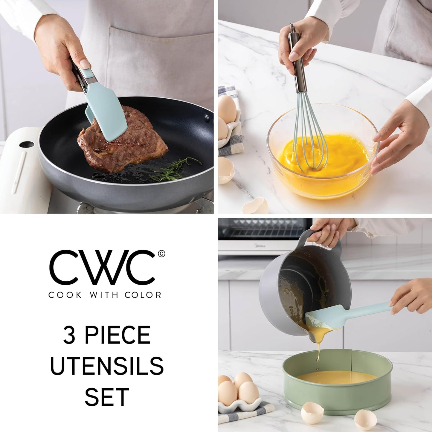 COOK WITH COLOR Stainless Steel Silicone Tipped Kitchen & BBQ Tongs Set, 3 Pc Utensils, Grey
