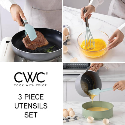 COOK WITH COLOR Stainless Steel Silicone Tipped Kitchen & BBQ Tongs Set, 3 Pc Utensils, Grey