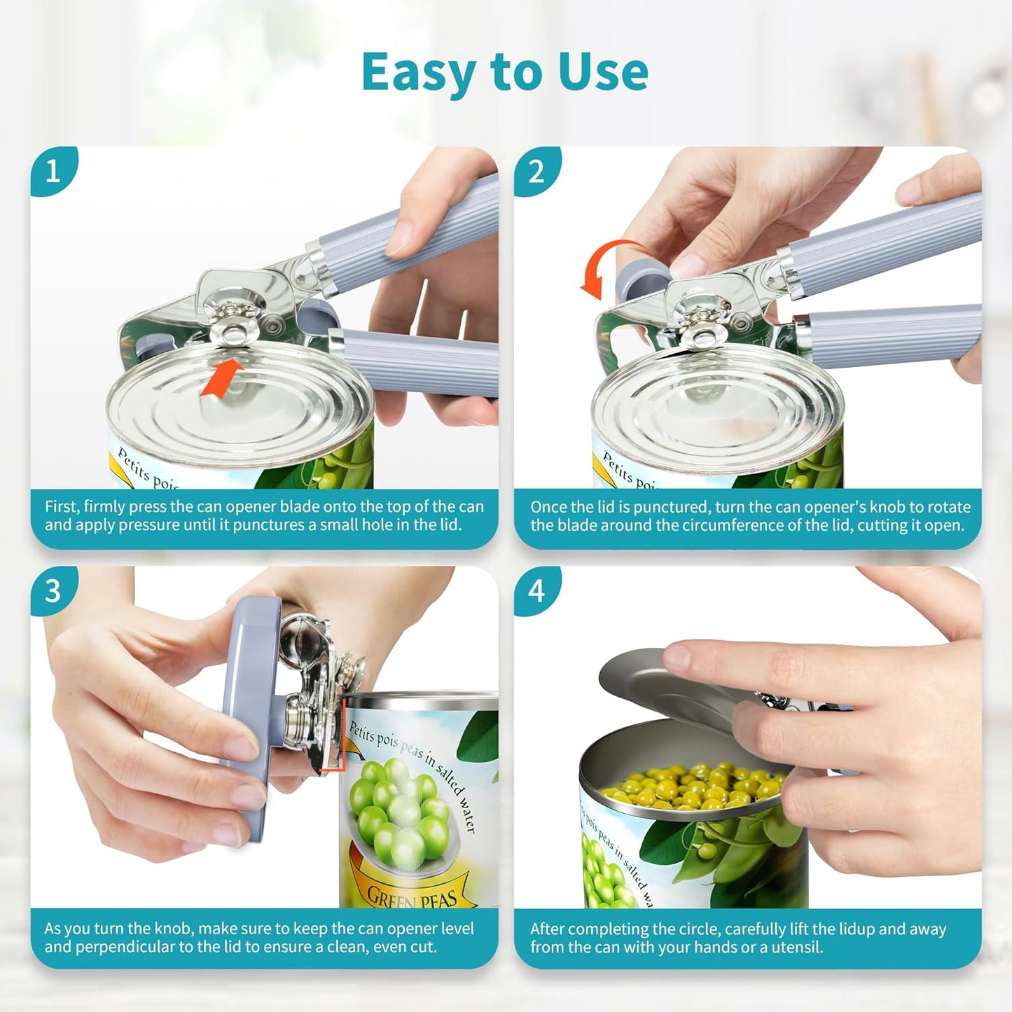 Ultrean Manual Can Opener Bottle Opener, Heavy Duty Stainless Steel Smooth Edge Manual Hand Held Can Opener With Soft Touch Handle, Rust Proof Oversized Handheld Easy Turn Knob (Black)