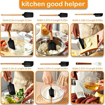 7 Piece Silicone Spatula Set, Food Grade Rubber Spatula Set with Wooden Handle, Heat Resistant Up to 600°F, Silicone Utensils Set for Baking, Cooking & Mixing, Jar, Non-Stick Kitchen Utensils