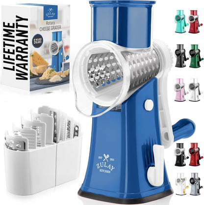 Zulay Kitchen Rotary Cheese Grater 5 Blade Cheese Shredder - Manual Hand Crank Cheese Grater With Reinforced Suction & 5 Interchangeable Drums - Easy to Use, Vegetable Chopper Round Mandoline Slicer - Colors B
