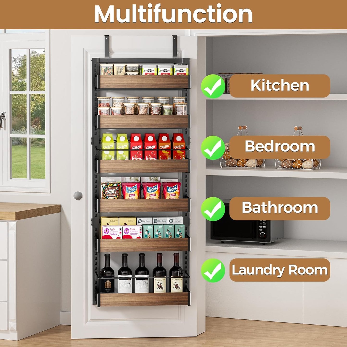 POKIPO 8 Tier Over The Door Pantry Organizer, 2 IN 1 Wall Mount or Hanging Spice Rack Seasoning Shelves with Adjustable Basket, Back of Door Organizer and Storage for Kitchen Cabinet and Room Closet