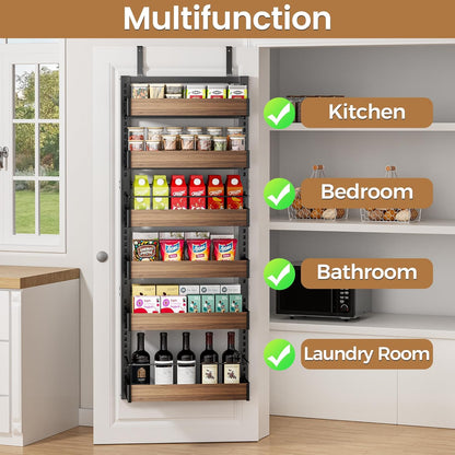 POKIPO 8 Tier Over The Door Pantry Organizer, 2 IN 1 Wall Mount or Hanging Spice Rack Seasoning Shelves with Adjustable Basket, Back of Door Organizer and Storage for Kitchen Cabinet and Room Closet