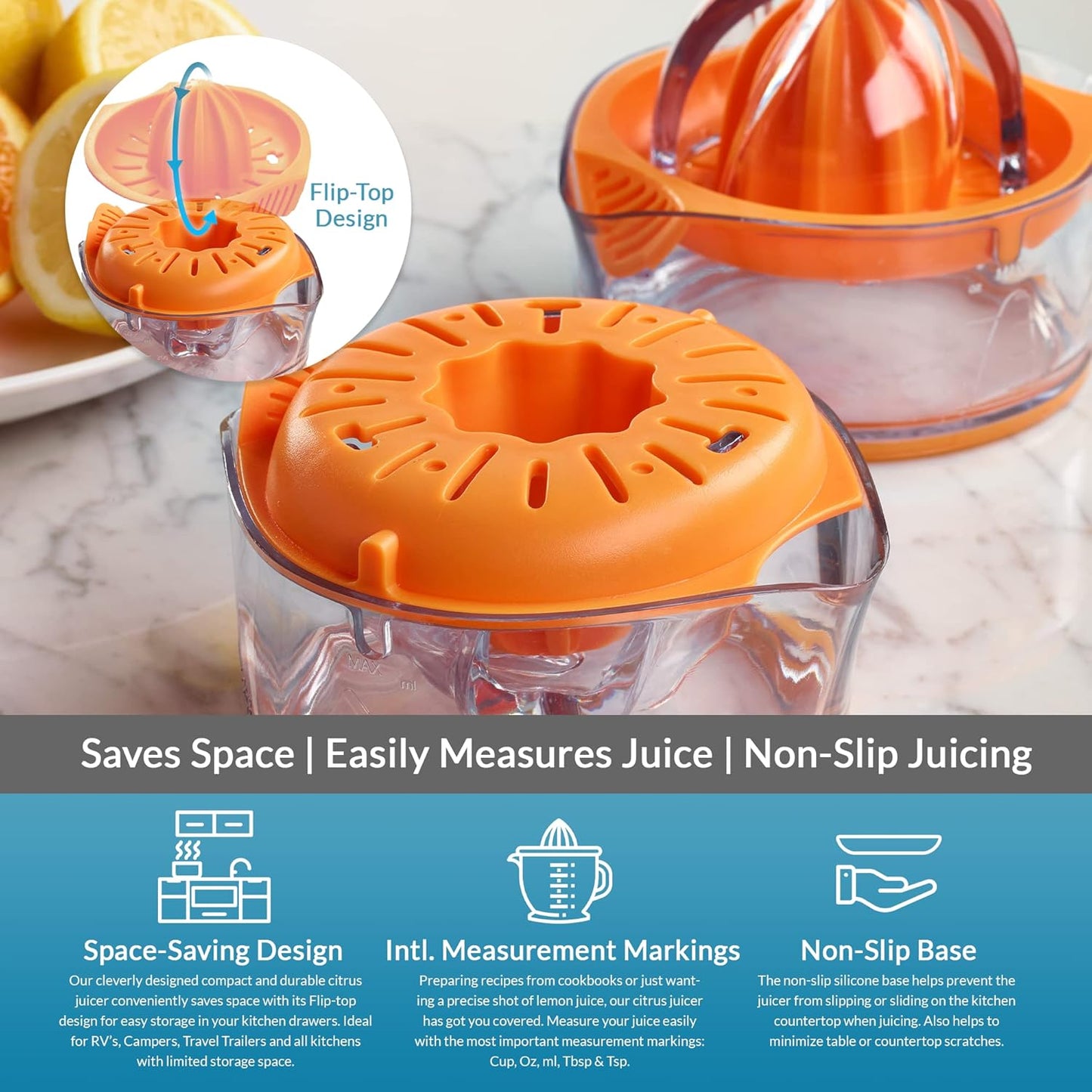 PortoFino Citrus Juicer, Lemon Squeezer, Orange Juicer, Manual Hand Juicer with Built-in Measuring Cup and Strainer, Space Saving Design, Pulp Control, Dishwasher Safe, 8oz