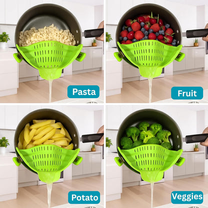 Clip On Strainer Silicone for Pots and Pans, Universal Fit Pasta Strainer and Pot Colander, Space Saving Food Drainer with Collapsible Funnel and Garlic Peeler, 3 Pcs Set, Black