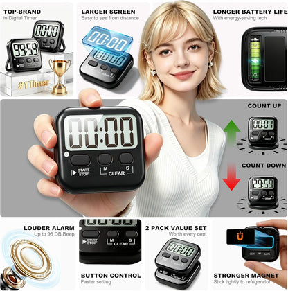Antonki 2 Pack Digital Timer for Kids, Magnetic Countdown Kitchen Timers for Cooking, Egg, Classroom, Teacher, Exercise, Study, Oven - Battery Included