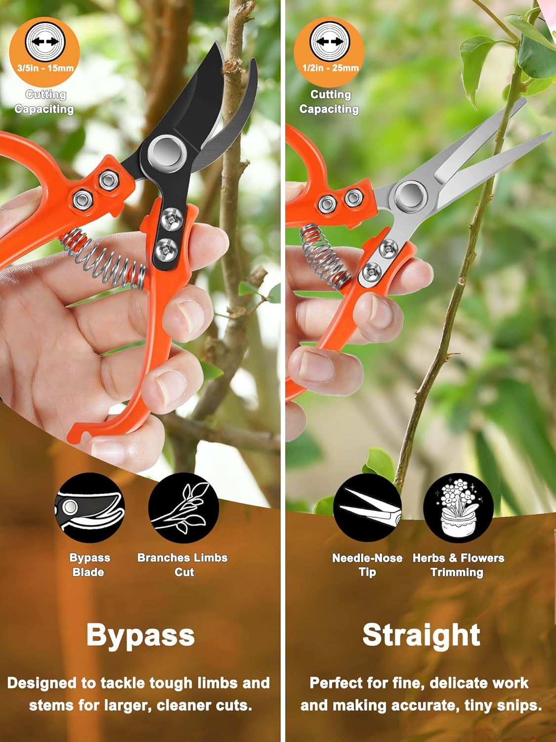 6.7" Lightweight Pruning Scissors, Garden Snips with Straight Stainless Steel Blades and Needle Point Tip, Gardening Trimmers for Flower stems, Herbs, Small Plants, Buds