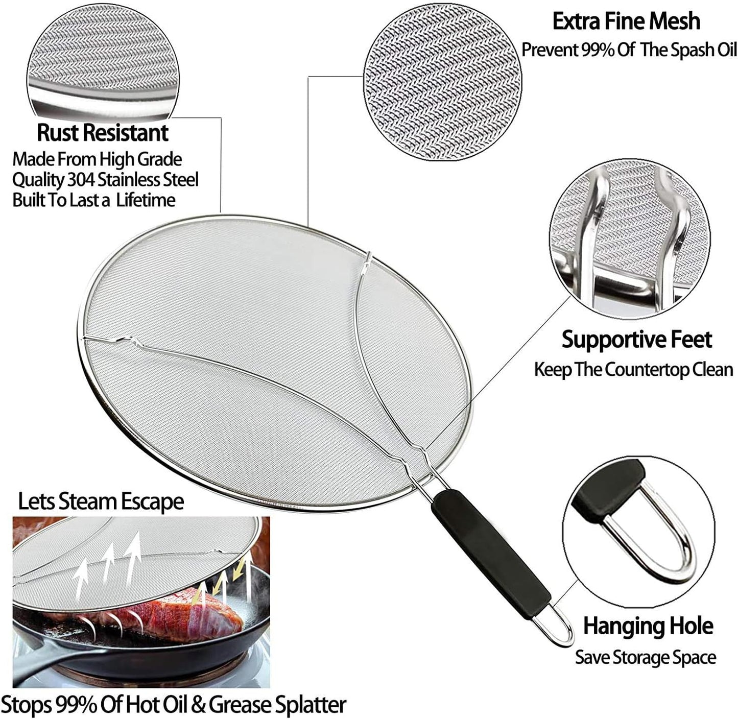 Large Splatter Screen for Frying Pan, 15 Inch Stainless Steel Grease Splatter Guard, Mesh Frying Screen Keeps Kitchen Clean and Protects Skin From Burns