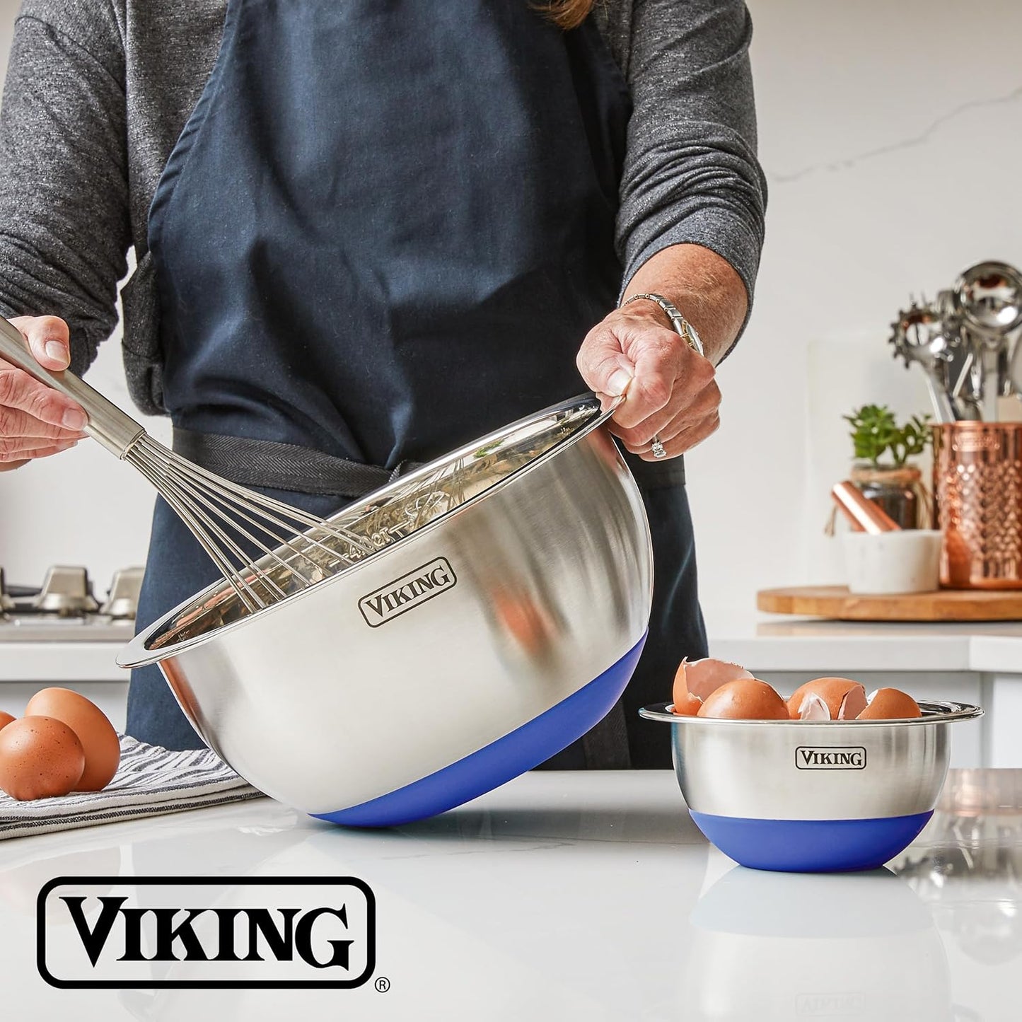 Viking Mixing Bowls Set, 10 Piece Stainless Steel Kitchen Cookware, Non-Slip Silicone Base, Includes Tight Fit Lids, Dishwasher Safe, Black