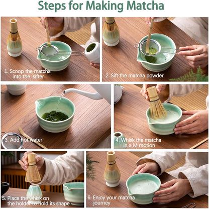 Buucup Matcha Set, Matcha Bowl with Spout, Matcha Whisk and Holder, Bamboo matcha Scoop and Stainless Sifter - 5 Pcs Jade Green Matcha Set Kit for Matcha Lover