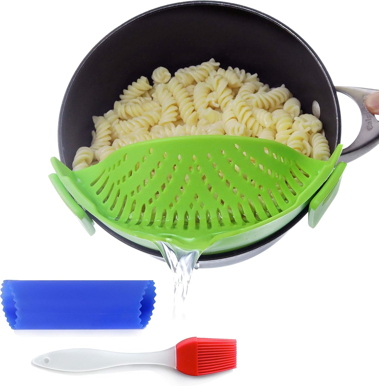 Clip On Kitchen Food Strainer for Spaghetti, Meat, Pasta, & Ground Beef Grease, Colander & Sieve Snaps or Clips Onto Bowls, Pots & Pans Includes Silicone Drainer, Brush & Garlic Peeler (Dk Red)
