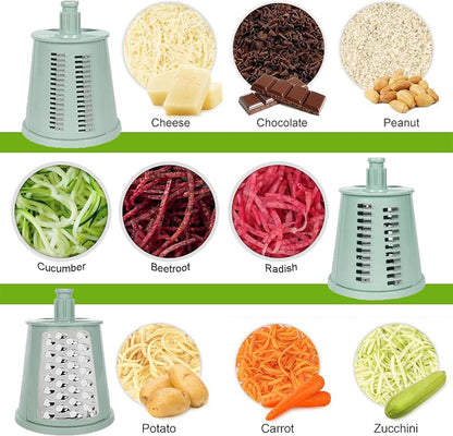 5-in-1 Rotary Cheese Grater Vegetable Slicer, 5 Interchangeable Blades Food Shredder with Anti-Slip Reinforced Suction Base, Kitchen Mandoline Chopper with Blade Storage Box (Green)