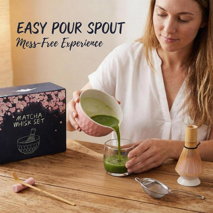 Matcha Whisk Set – Ceramic Matcha Bowl with Pour Spout, Bamboo Whisk, Whisk Holder, Scoop, Sifter – Japanese Matcha Kit for Beginners (Pink)