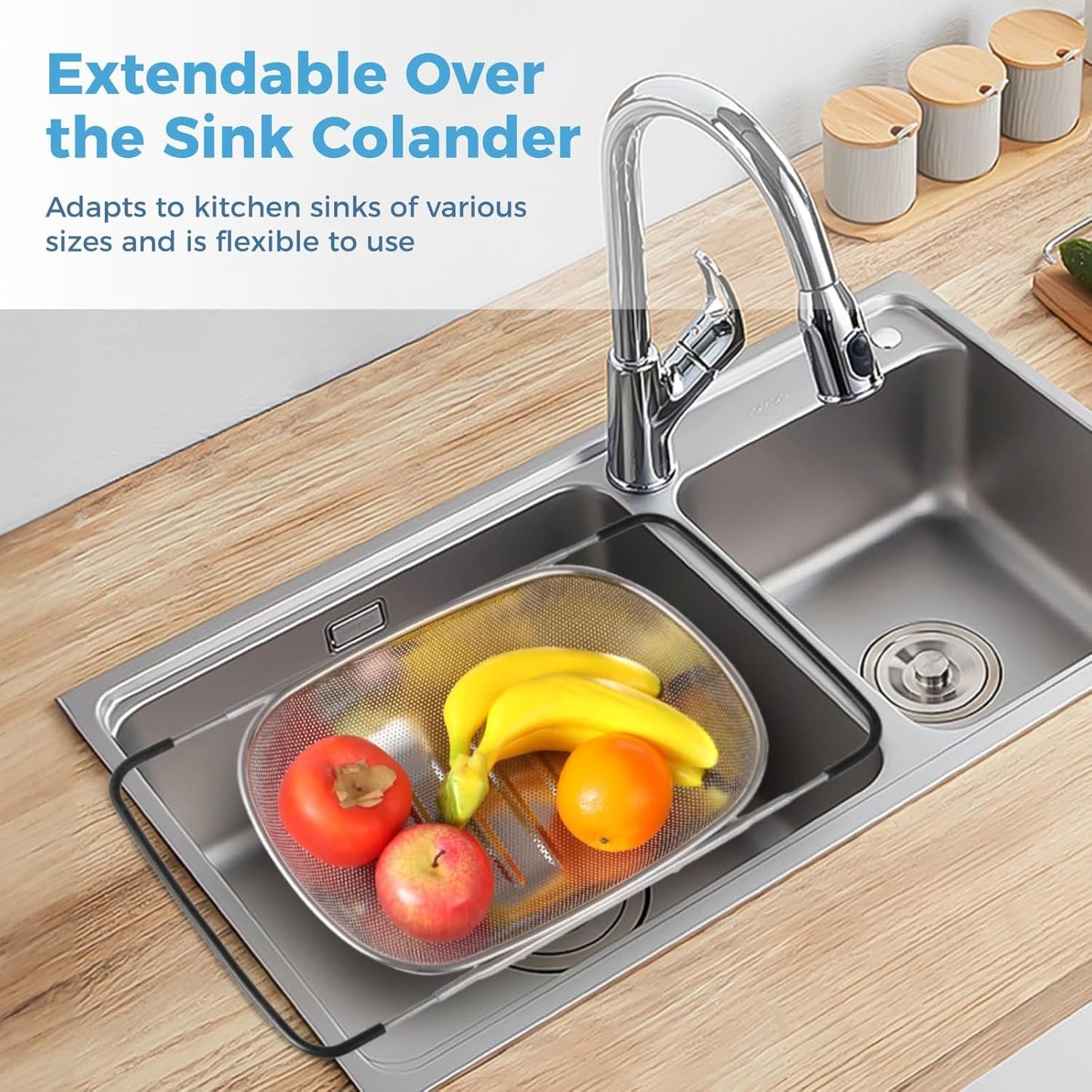 2 Pcs Over the Sink Colander, Strainers and Colanders for Kitchen Sink Strainer Basket with Expandable Handles Stainless Steel Strainer,Pasta Vegetable Food Fruit Strainer