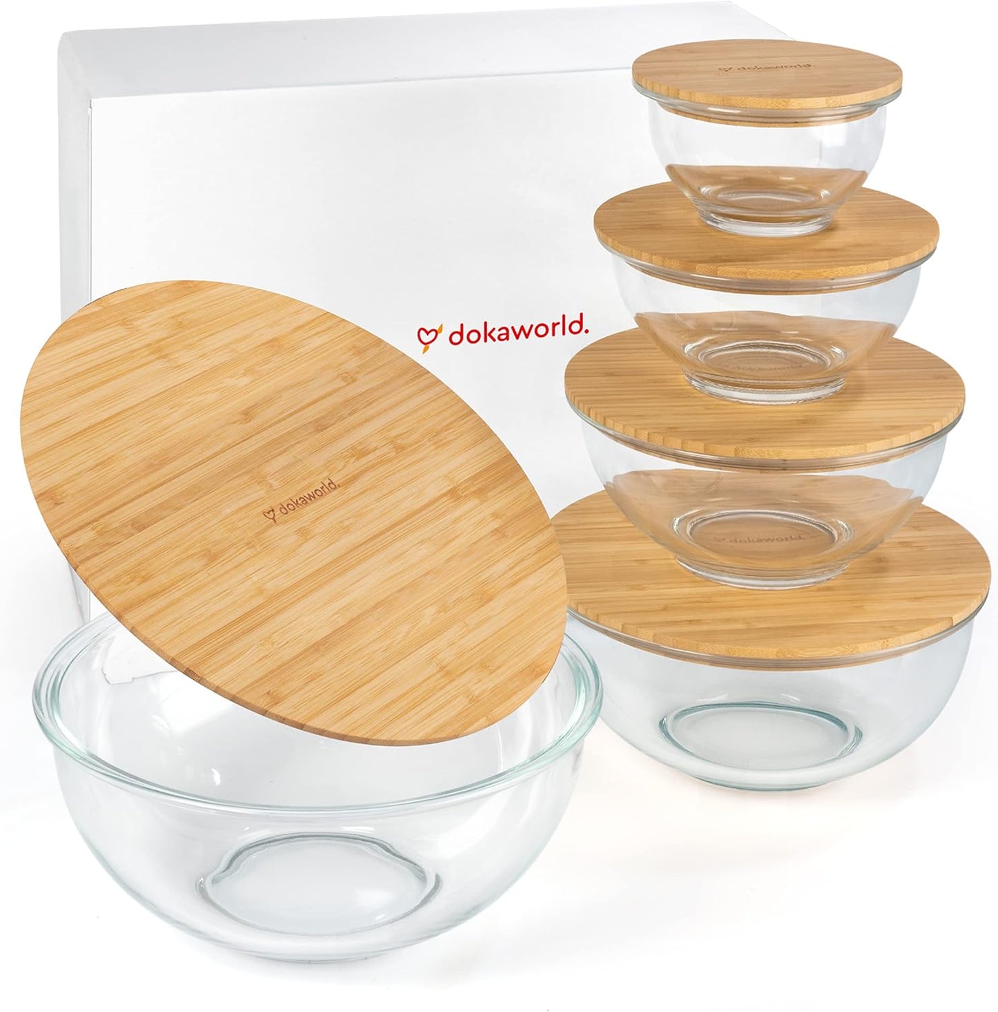 Set of 5 Nesting Glass Bowls with New Updated Acacia Lids for Foodprep, Storage, Mixing & Cooking - Microwave & Oven-ready BPA Free Durable Heat Resistant Inert Borosilicate Glass