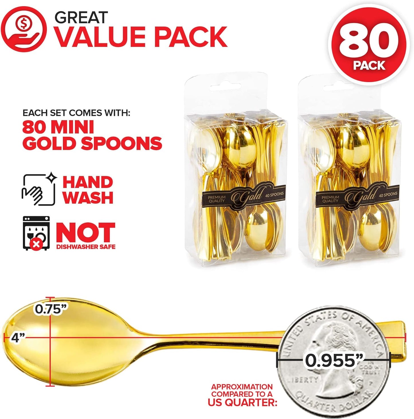 Gold Plastic Mini Spoons Disposable, 4 inch (80 Pack) Tasting Spoon, Dessert Mini spoon for Ice Cream Taster, Small Sample Desserts, Gelato Sampling, Fancy Miniature Pudding, Little Appetizers, Bulk